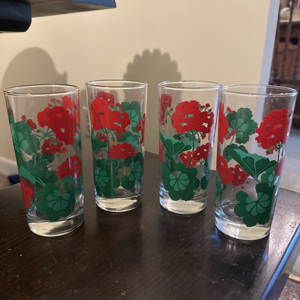 Vintage Avon 1983 Red Geranium Floral Highball Glasses Set of 4 Retro